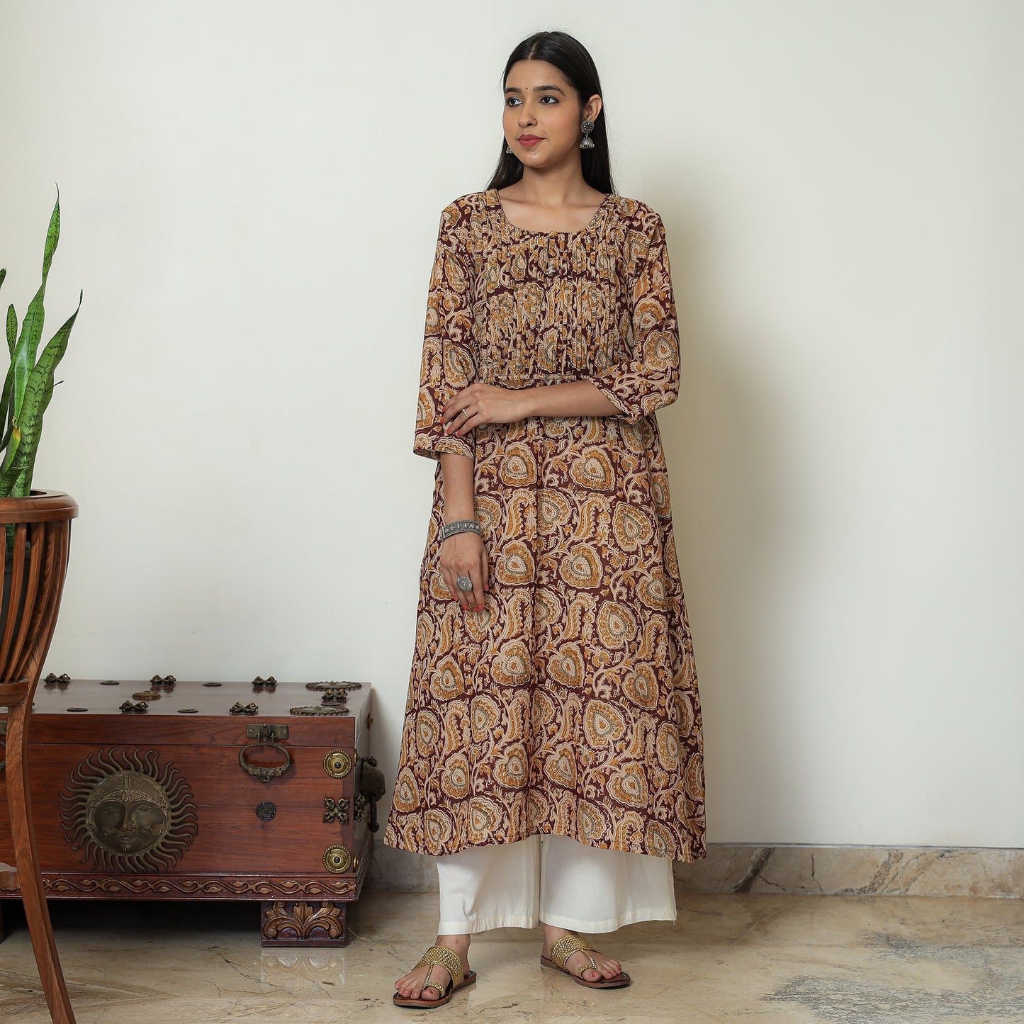 Kalamkari Block Printed Mul Cotton Pintuck A-Line Kurta For Women