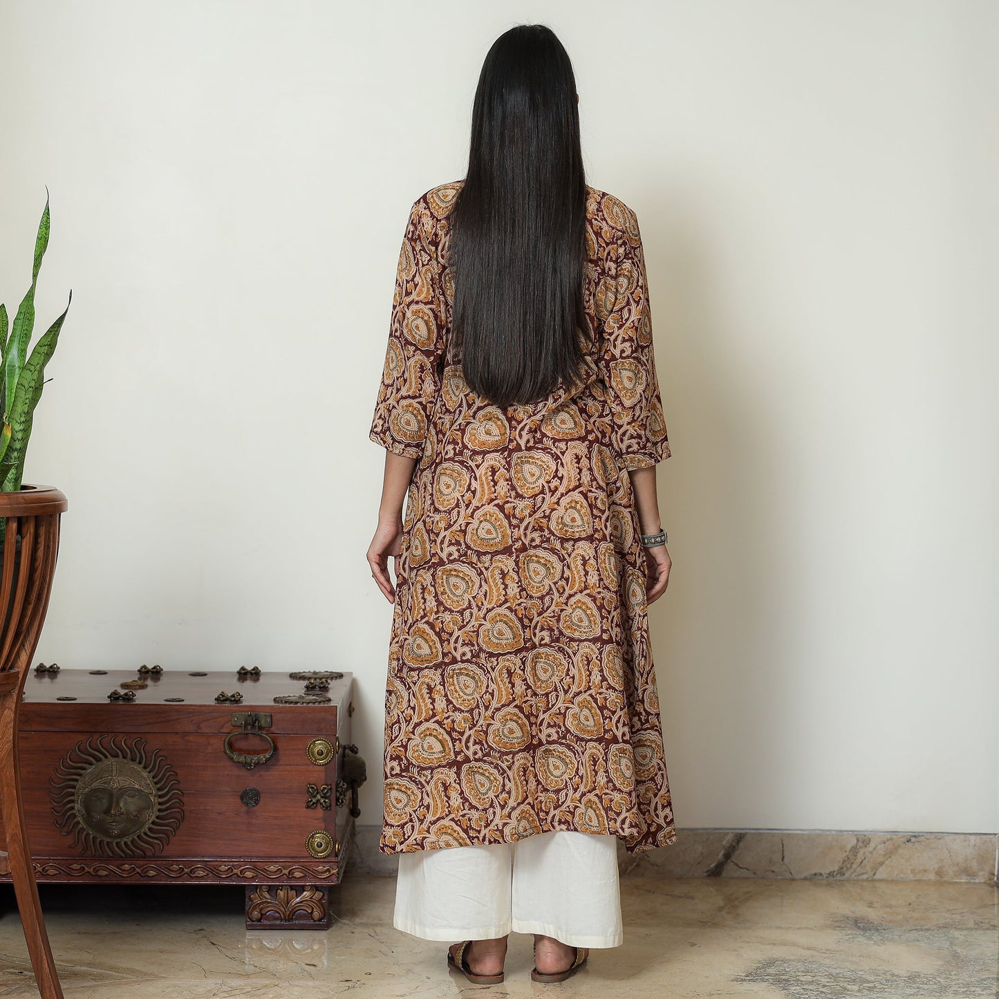 Kalamkari Block Printed Mul Cotton Pintuck A-Line Kurta For Women