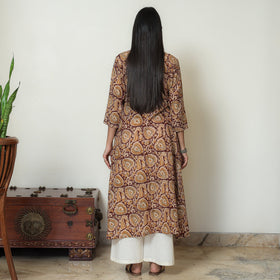 Kalamkari Block Printed Mul Cotton Pintuck A-Line Kurta For Women