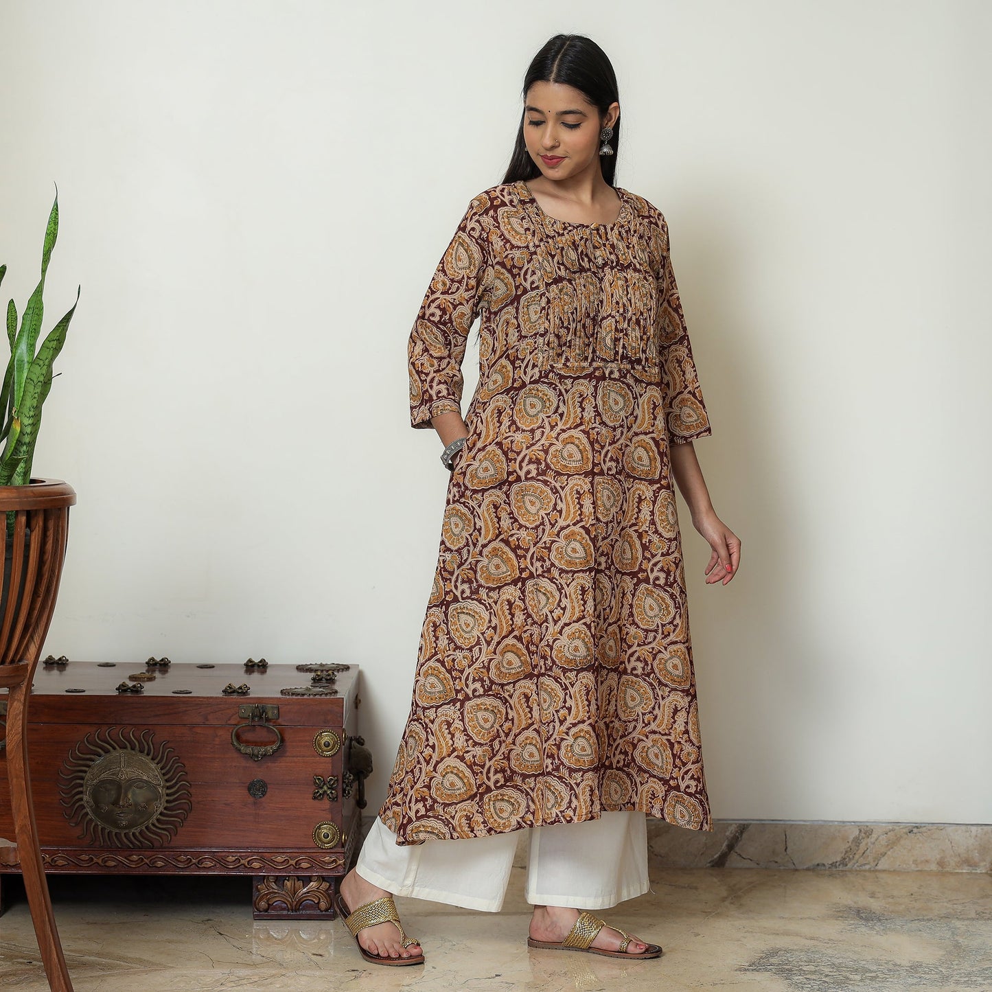 Kalamkari Block Printed Mul Cotton Pintuck A-Line Kurta For Women