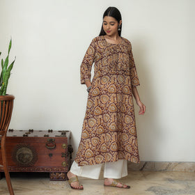 Kalamkari Block Printed Mul Cotton Pintuck A-Line Kurta For Women