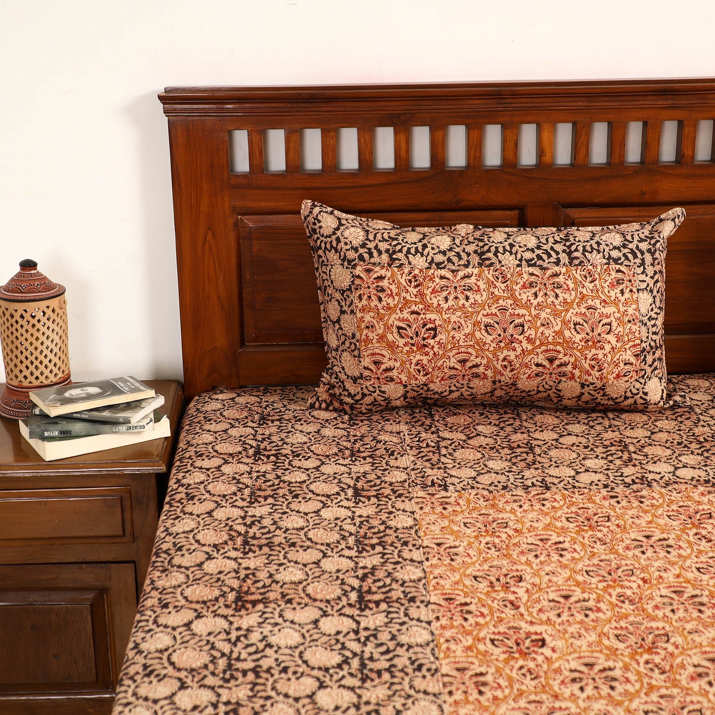 Brown - Kalamkari Block Printed Patchwork Cotton Double Bed Cover With Pillow Covers (108 x 90 in)