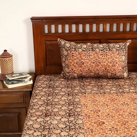 Brown - Kalamkari Block Printed Patchwork Cotton Double Bed Cover With Pillow Covers (108 x 90 in)