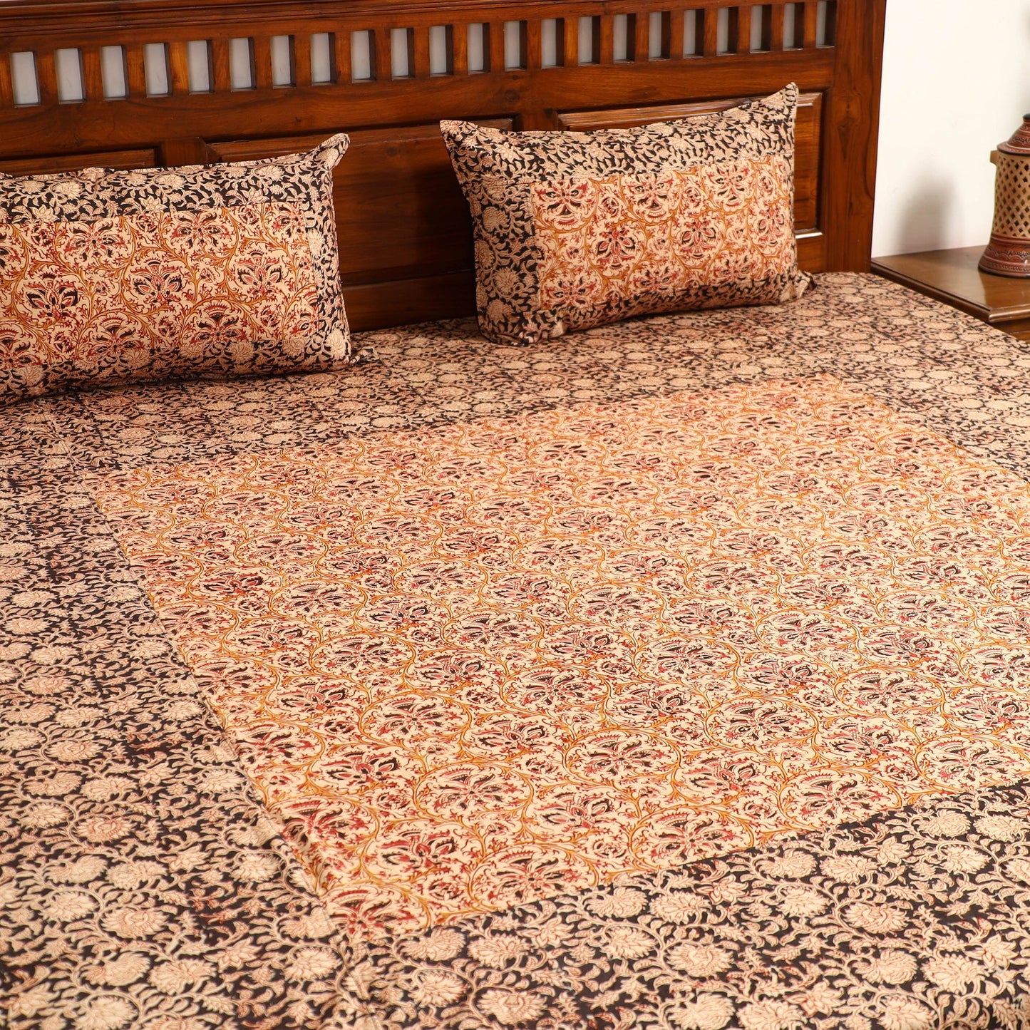 Brown - Kalamkari Block Printed Patchwork Cotton Double Bed Cover With Pillow Covers (108 x 90 in)