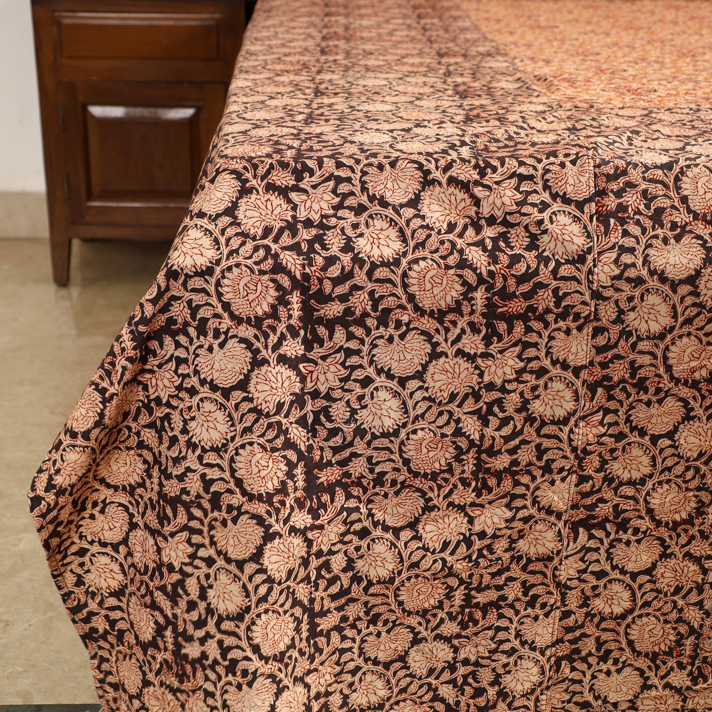 Brown - Kalamkari Block Printed Patchwork Cotton Double Bed Cover With Pillow Covers (108 x 90 in)