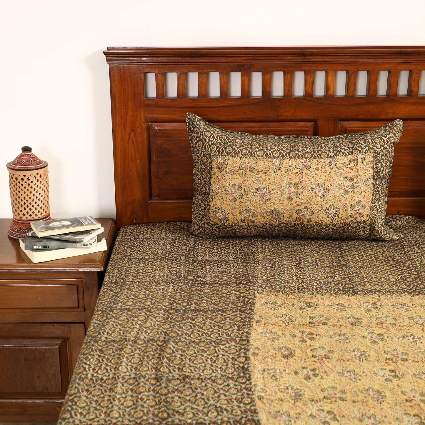  Kalamkari Block Printed Patchwork Cotton Double Bed Cover With Pillow Covers 