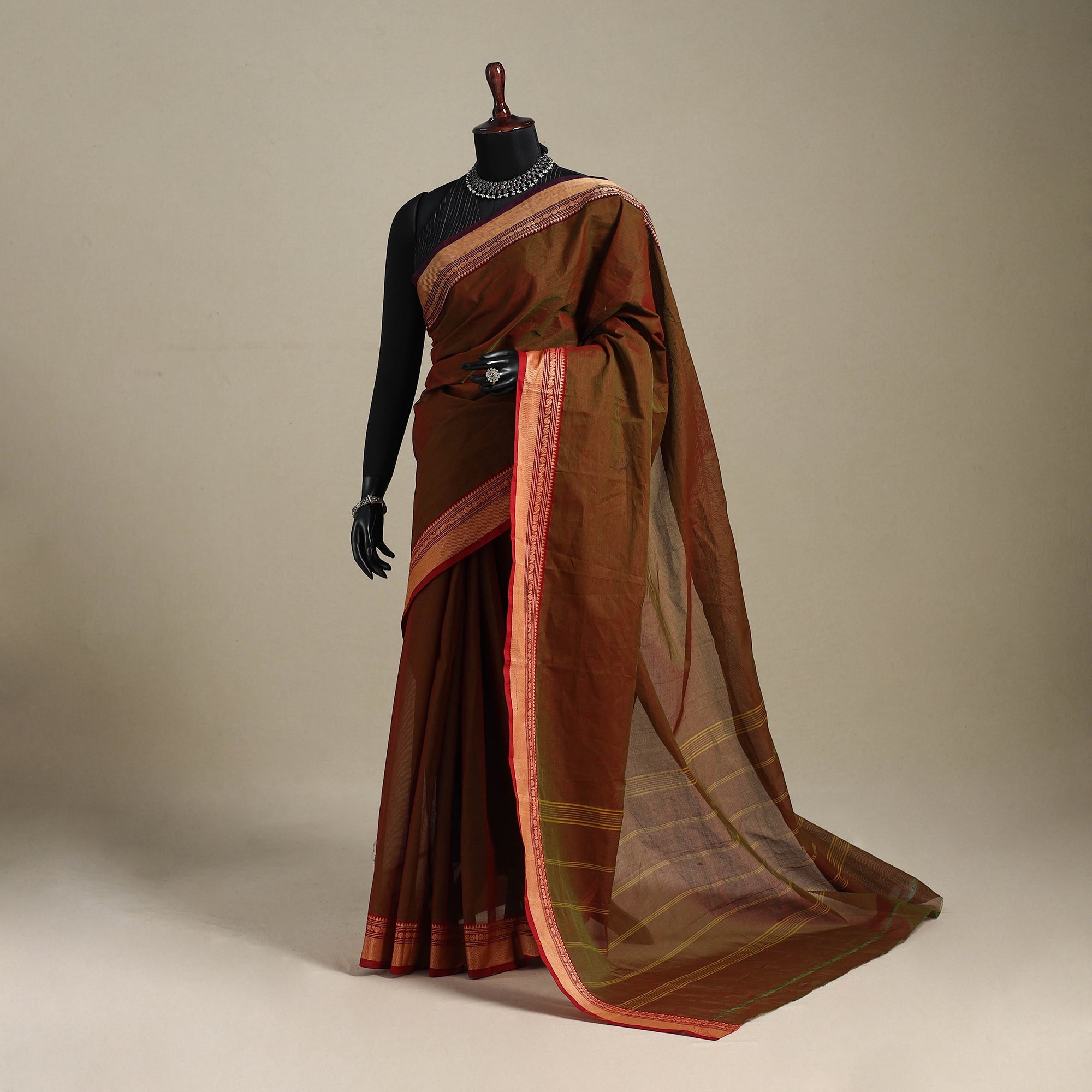 Brown - Kandangi Chettinad Cotton 2pc Unstitched Dress Material 09