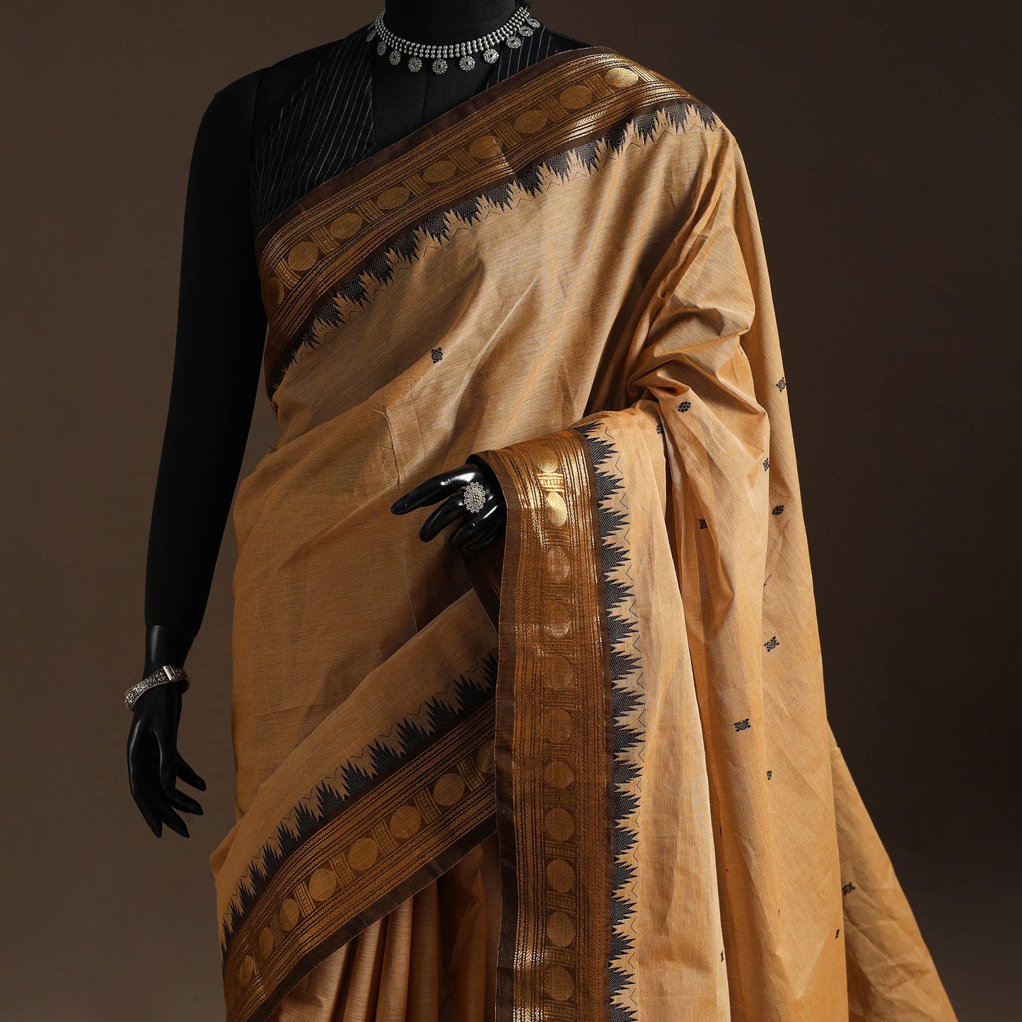 Brown Kandangi Chettinad Cotton Saree with Zari Border