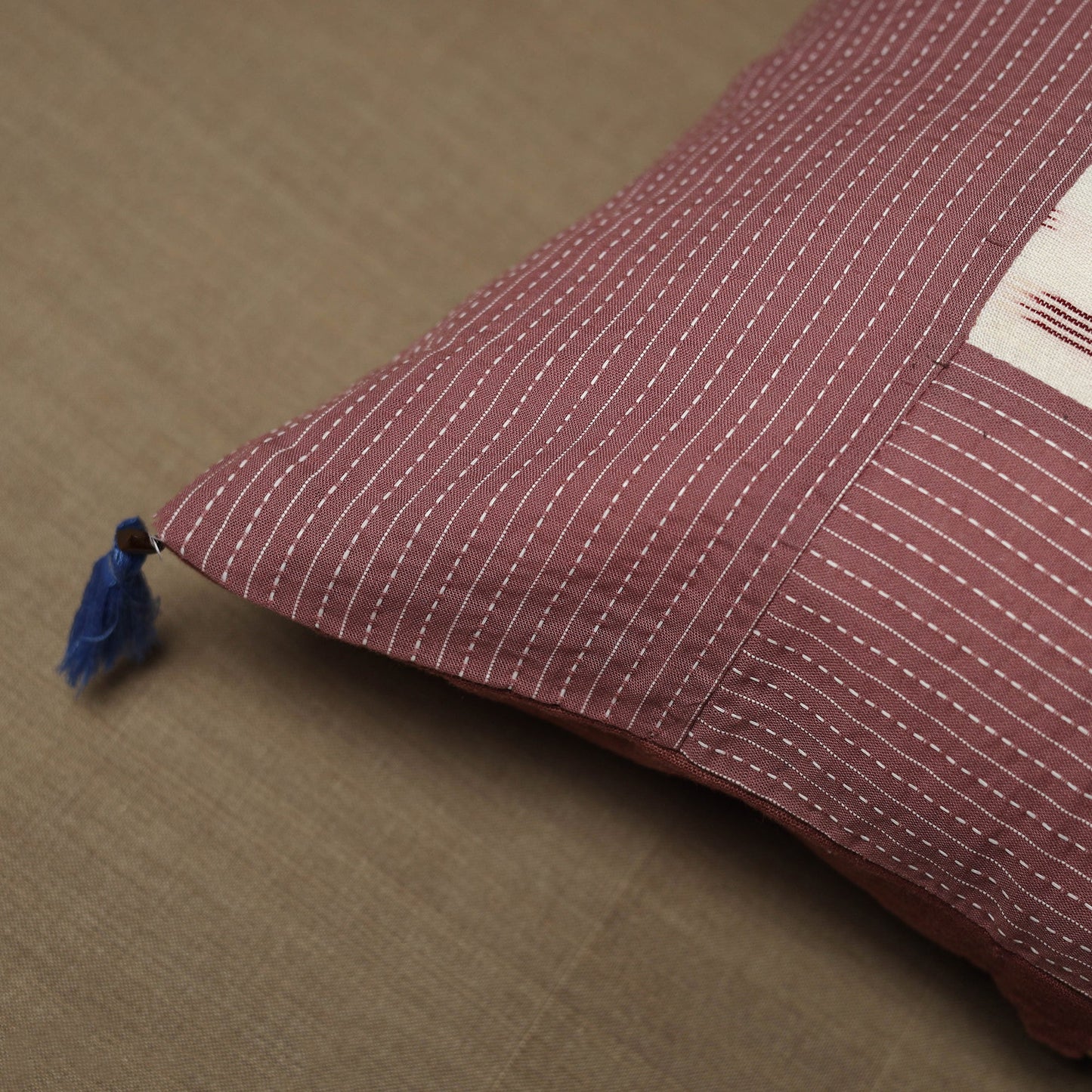 Brown Kantha Stitch Ikat Cotton Cushion Cover (16 x 16 in) 01