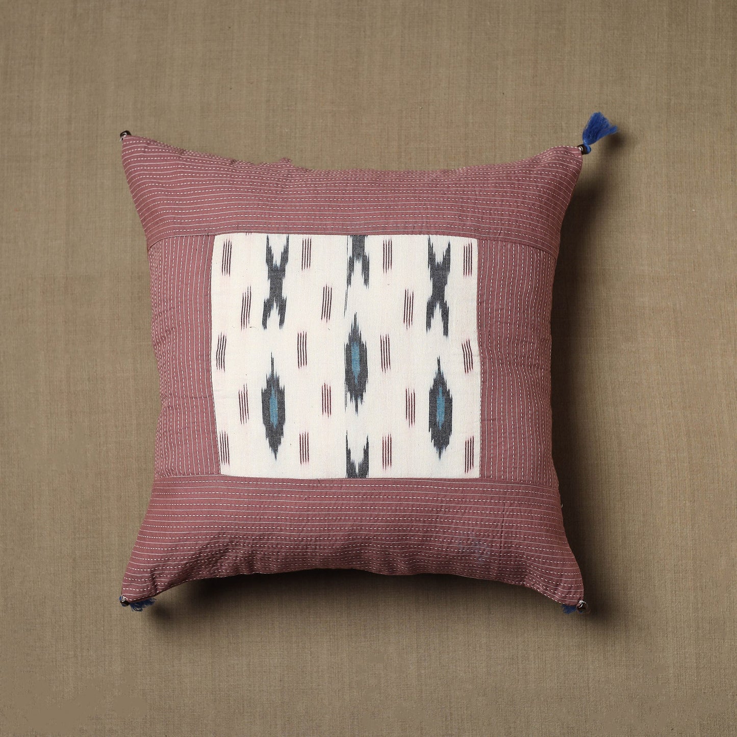 Brown Kantha Stitch Ikat Cotton Cushion Cover (16 x 16 in) 01
