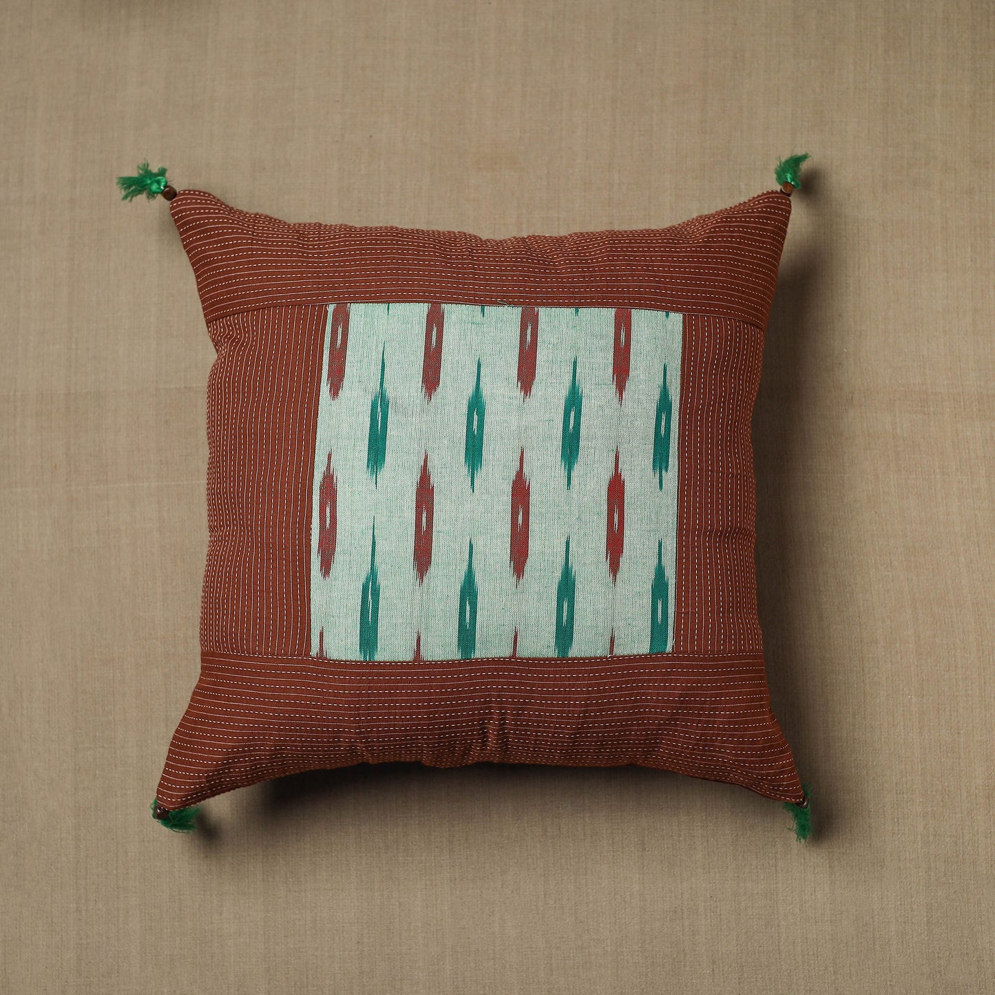 Brown Kantha Stitch Ikat Cotton Cushion Cover (16 x 16 in) 16