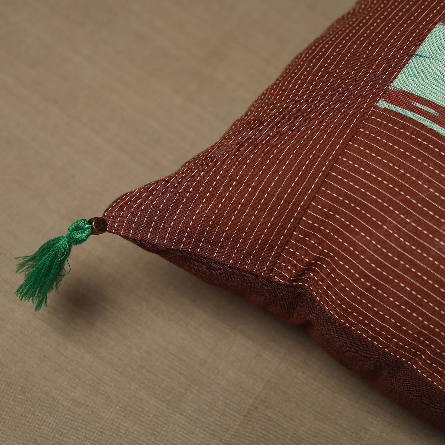 Brown Kantha Stitch Ikat Cotton Cushion Cover (16 x 16 in) 16