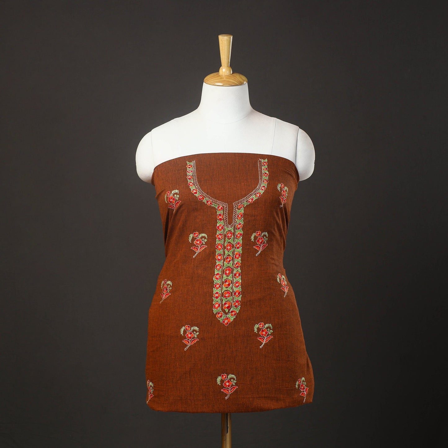 Brown Kashida Hand Embroidery Cotton Kurta Material