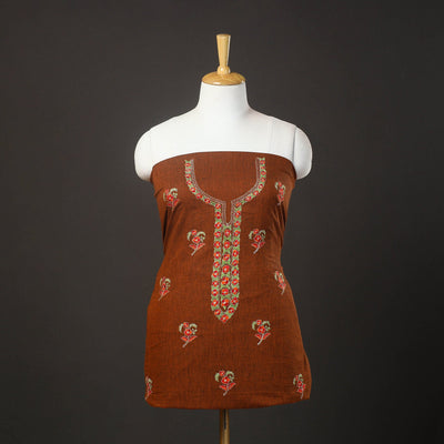  Brown Kashida Hand Embroidery Cotton Kurta Material