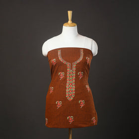  Brown Kashida Hand Embroidery Cotton Kurta Material