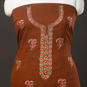  Brown Kashida Hand Embroidery Cotton Kurta Material