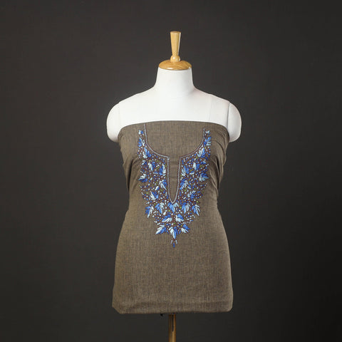 Brown - kashida hand embroidery cotton unstitched kurta