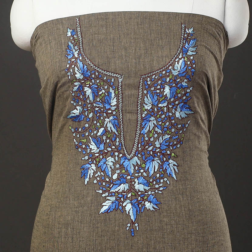 Brown - kashida hand embroidery cotton unstitched kurta