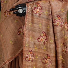 Brown - kashidakari hand embroidery pure tussar silk saree