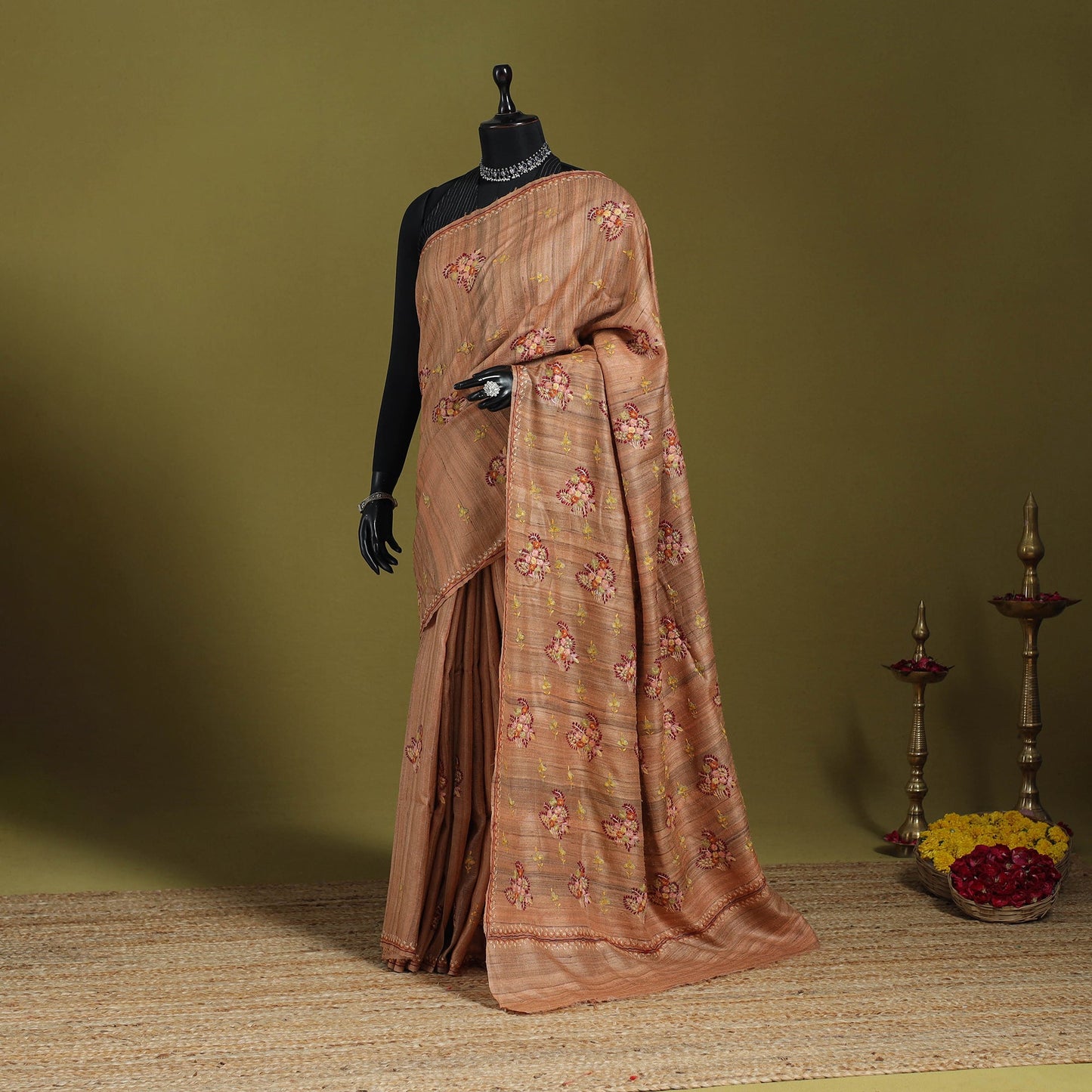 Brown - kashidakari hand embroidery pure tussar silk saree