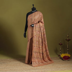 Brown - kashidakari hand embroidery pure tussar silk saree