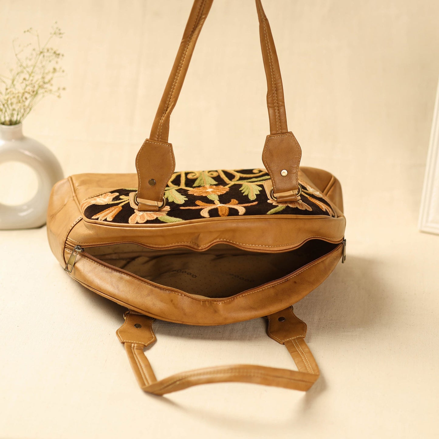 Brown Kashmiri Crewel Hand Embroidered Leather Handbag