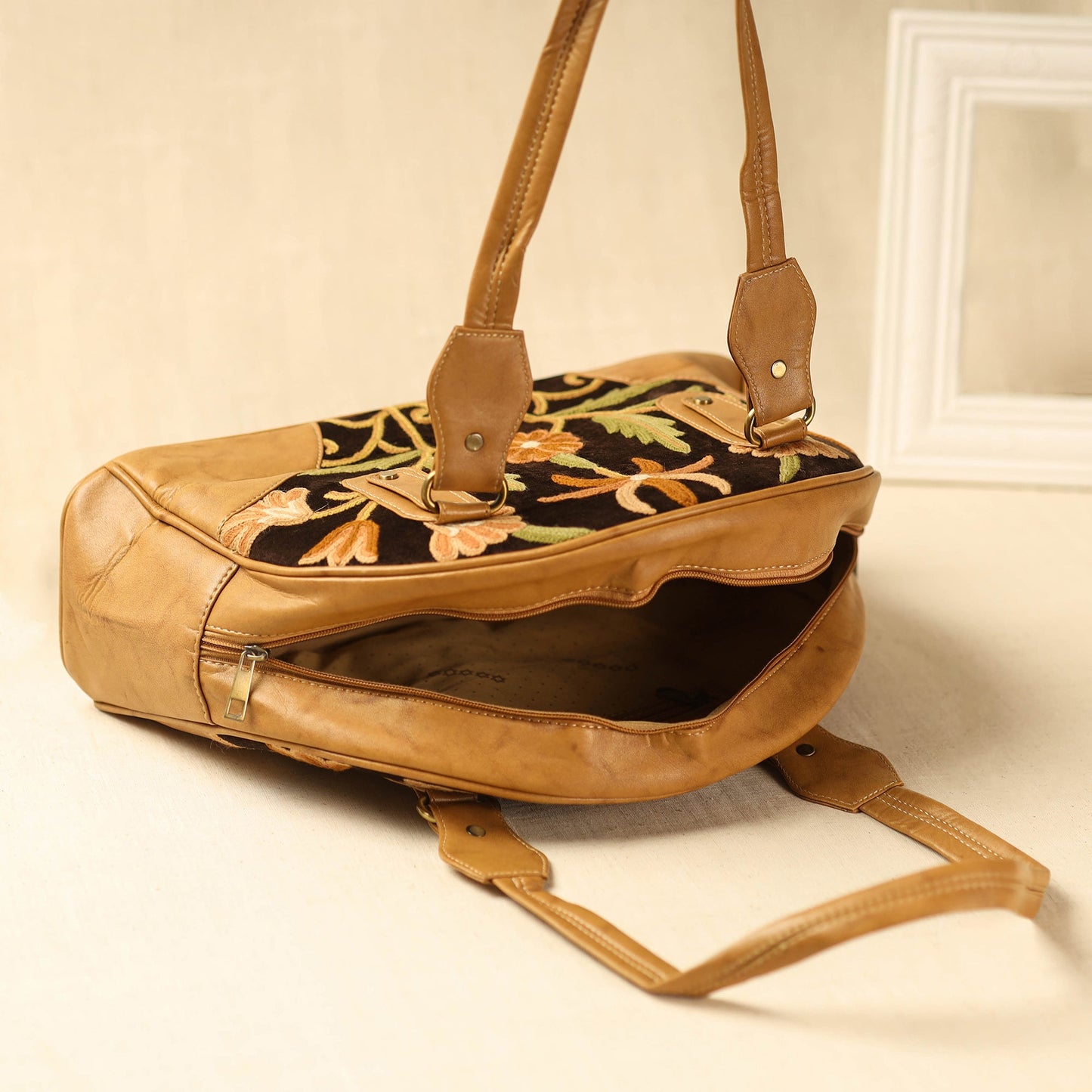  Brown Kashmiri Crewel Hand Embroidered Leather Handbag