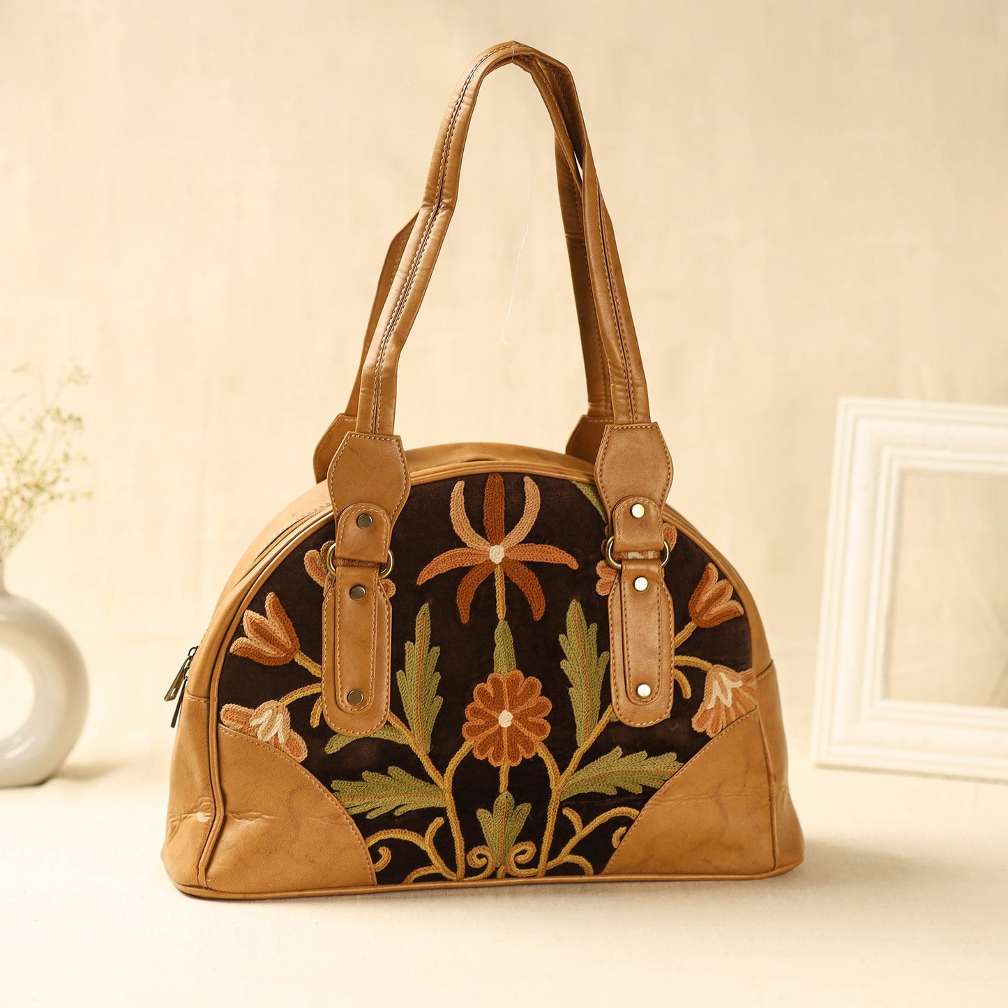  Brown Kashmiri Crewel Hand Embroidered Leather Handbag