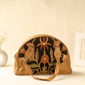  Brown Kashmiri Crewel Hand Embroidered Leather Handbag
