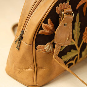  Brown Kashmiri Crewel Hand Embroidered Leather Handbag