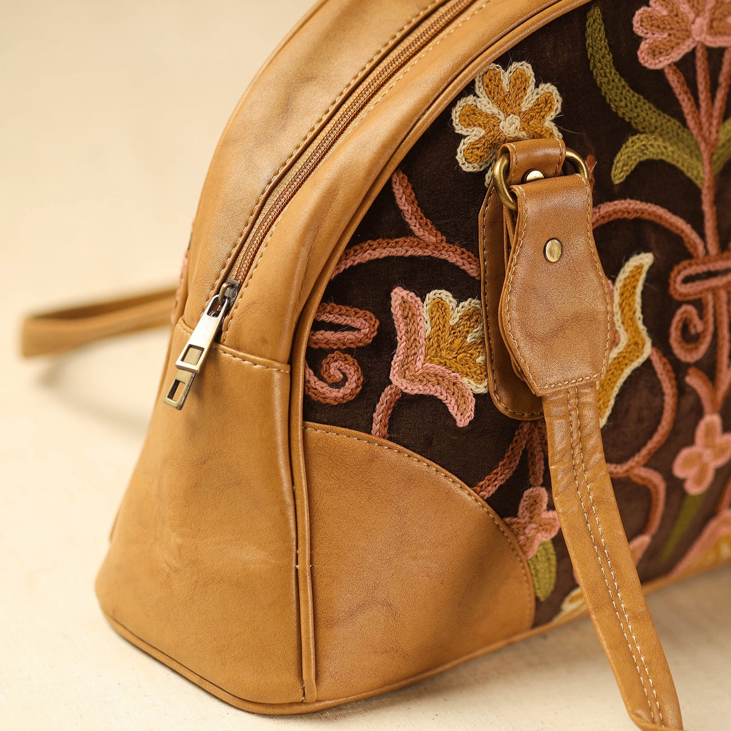  Brown Kashmiri Crewel Hand Embroidered Leather Handbag 