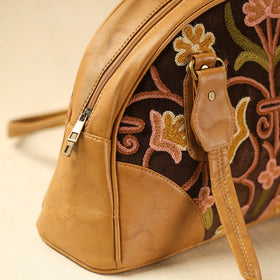  Brown Kashmiri Crewel Hand Embroidered Leather Handbag 