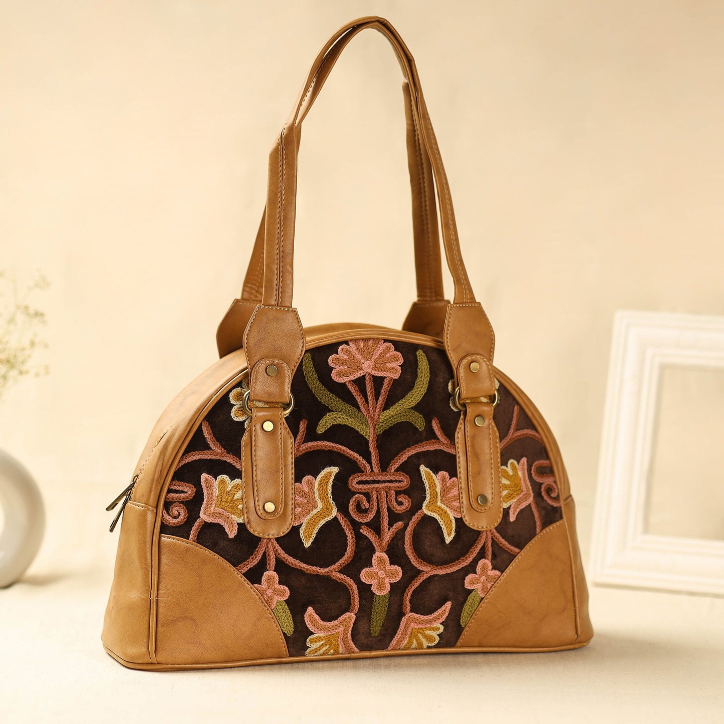  Brown Kashmiri Crewel Hand Embroidered Leather Handbag 