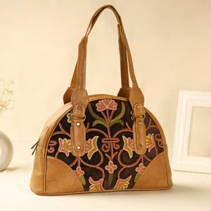  Brown Kashmiri Crewel Hand Embroidered Leather Handbag 