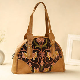  Brown Kashmiri Crewel Hand Embroidered Leather Handbag 
