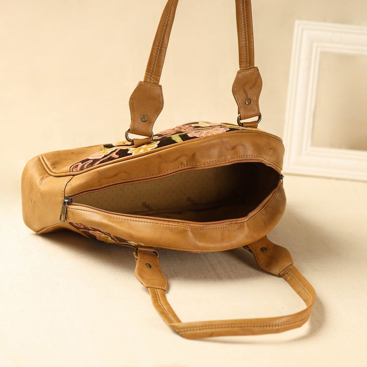  Brown Kashmiri Crewel Hand Embroidered Leather Handbag 