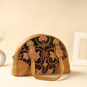  Brown Kashmiri Crewel Hand Embroidered Leather Handbag 