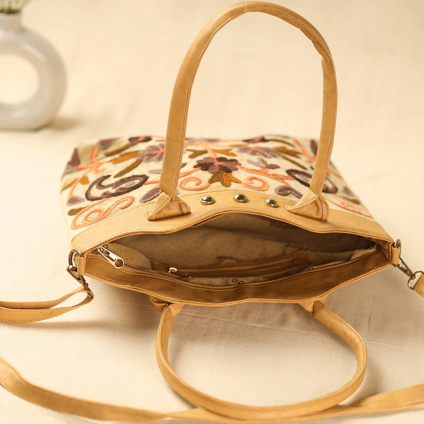Brown Kashmiri Crewel Hand Embroidery Handbag