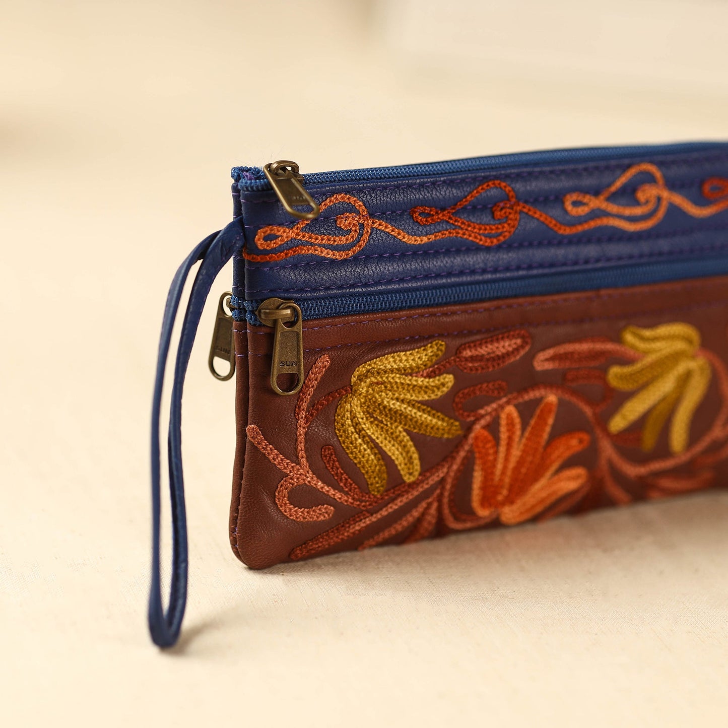 Brown Kashmiri Crewel Hand Embroidery Leather Clutch