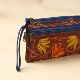 Brown Kashmiri Crewel Hand Embroidery Leather Clutch