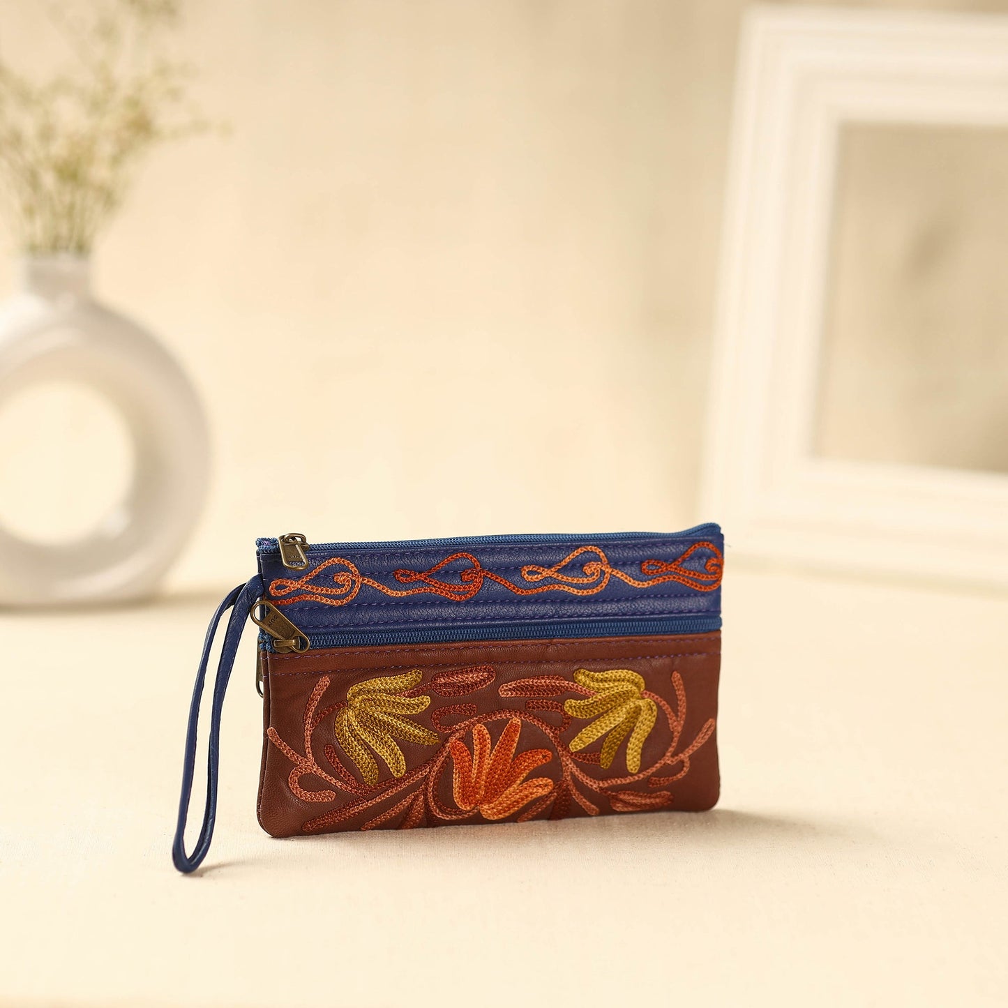 Brown Kashmiri Crewel Hand Embroidery Leather Clutch