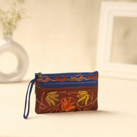 Brown Kashmiri Crewel Hand Embroidery Leather Clutch