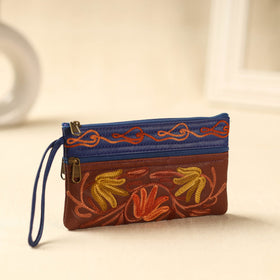 Brown Kashmiri Crewel Hand Embroidery Leather Clutch