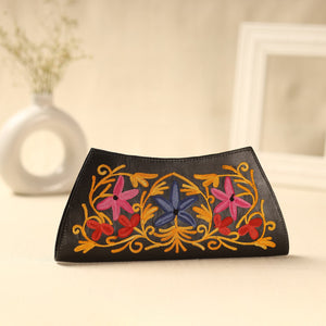 Brown Kashmiri Crewel Hand Embroidery Leather Clutch