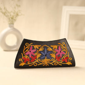 Brown Kashmiri Crewel Hand Embroidery Leather Clutch