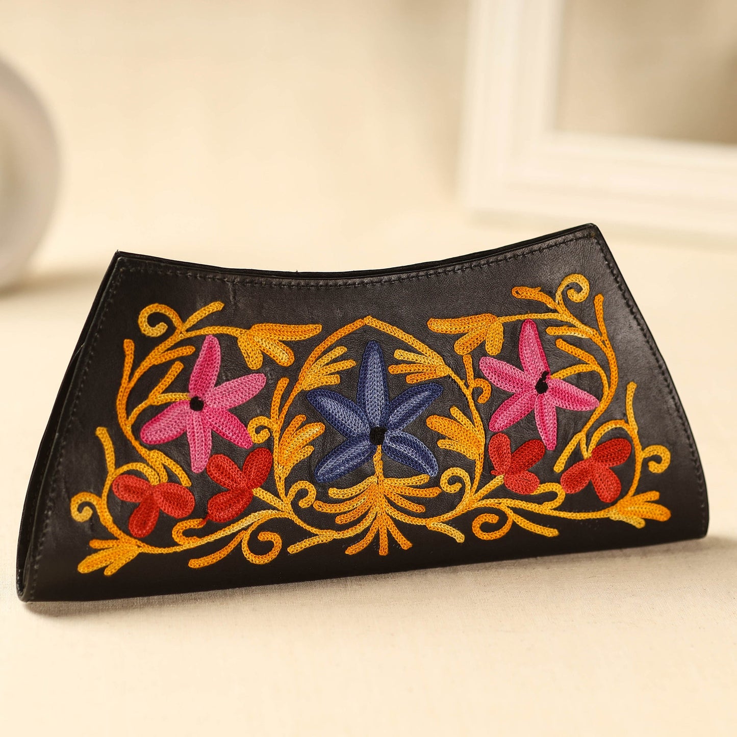 Brown Kashmiri Crewel Hand Embroidery Leather Clutch