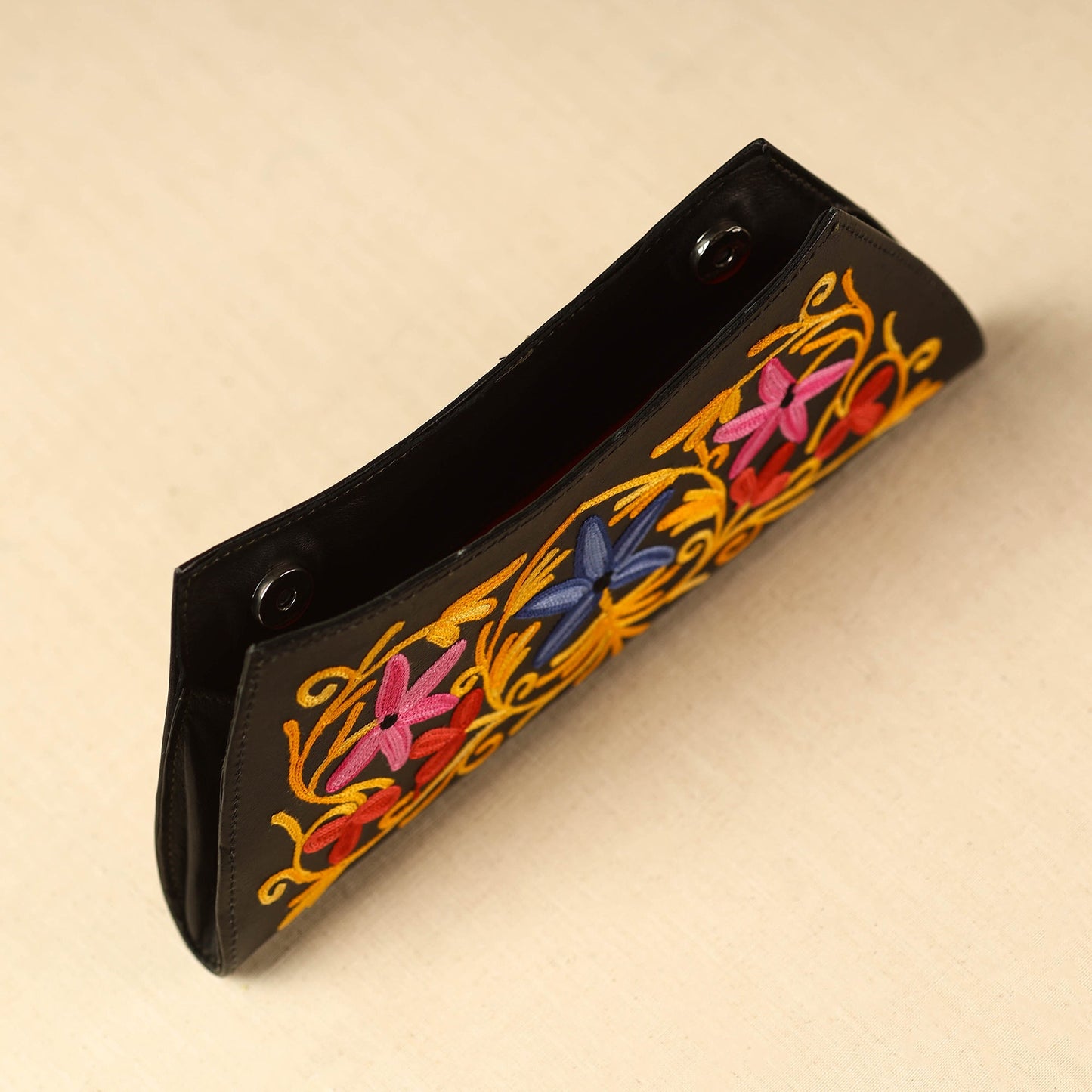 Brown Kashmiri Crewel Hand Embroidery Leather Clutch