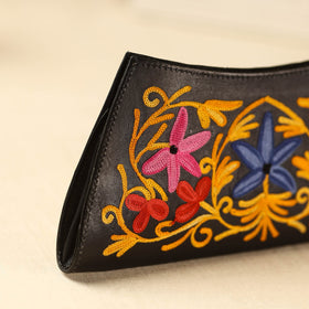 Brown Kashmiri Crewel Hand Embroidery Leather Clutch