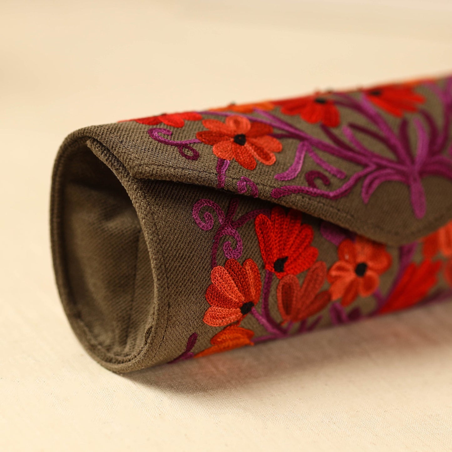 Brown Kashmiri Crewel Hand Embroidery Velvet Clutch