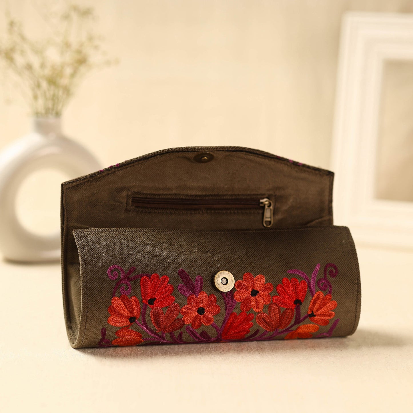 Brown Kashmiri Crewel Hand Embroidery Velvet Clutch